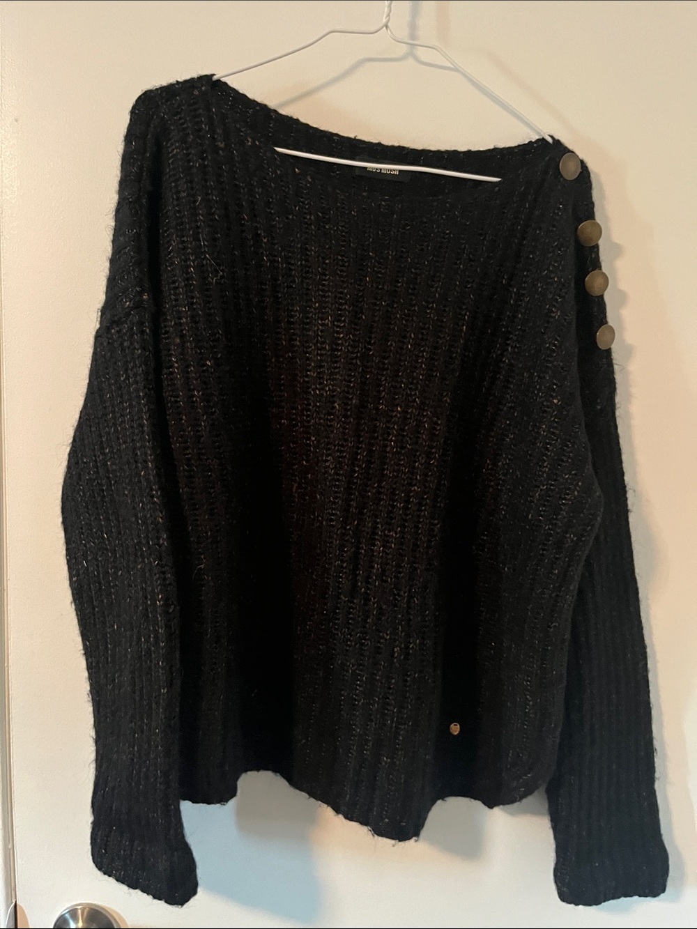 Black Knit Sweater with Shoulder Button Detail